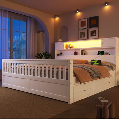 DESVIAE Lit plateforme avec tête de lit bibliothèque éclairage LED quatre tiroirs rangements 180 x 200 cm blanc (1/5)