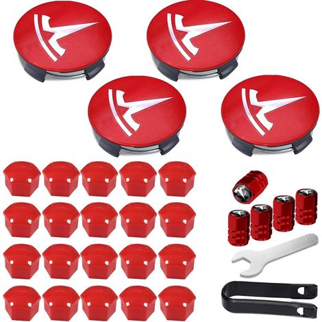 Lot de 4 enjoliveurs compatibles avec Model 3 / Model Y - Lot de 4 enjoliveurs + 20 cache-écrous de roue - Rouge (1/5)