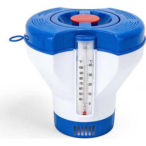 Flottant distribué avec piscine thermomètre - 20 cm (8 po) - Indicatif de remplissage escamotable - Grand support flottant avec pastilles de chlore 2,5 à 10 cm (1 à 4 po) - Flottant distribué avec pis (1/5)