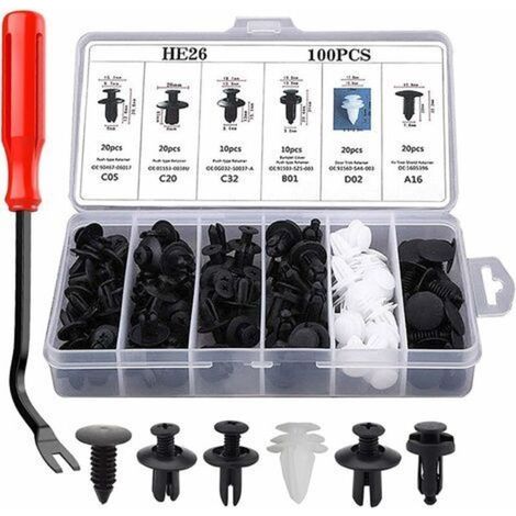 100 Pièces Rivet Clips Plastique Clips d'Aile en Plastique Universels Clips Voiture Attaches de Pare Chocs Clips à Rivets Kit de Remplacement Vis d'Expansion avec Attache Remover Outils (1/5)