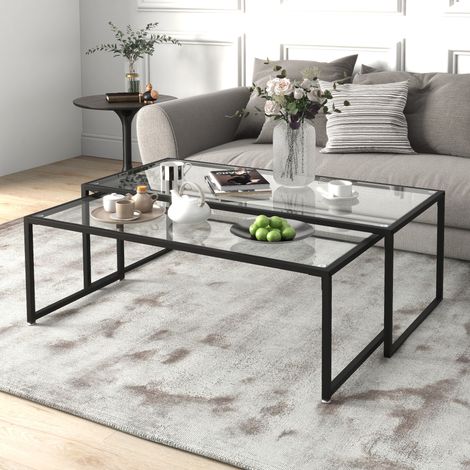 2er-Set Couchtische, Glastische, mit pulverbeschichtetem Stahl, Schwarz + Transparent