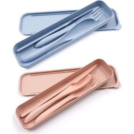 Ensemble de couverts de voyage portables 2 pièces, couverts réutilisables pour le travail, l'école, les pique-niques, le camping (bleu, rose) (1/5)