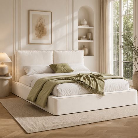 Letto imbottito, letto matrimoniale, 180 x 200 cm, letto con rete a doghe, testiera imbottita, ciniglia beige (1/5)