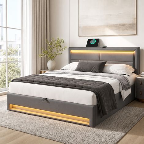MEUBLIV Cama 140x200 cm gris con USB, LED y almacenaje, sin colchón (1/5)