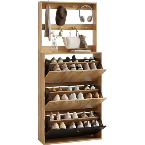 CHICFURN Meuble à chaussures avec crochets, 3 abattants, rangements dissimulés, finition bois clair et noir, pour entrée, hall et couloir, style pratique et élégant (1/5)