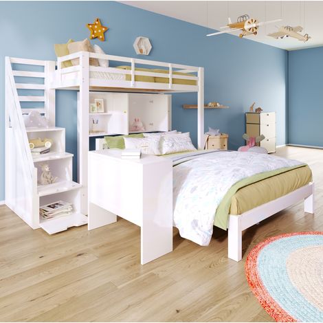 Cama litera moderna 90x200 + 140x200 cm de madera maciza y MDF blanco, con escalera con almacenaje, estantes y mesa móvil (1/5)