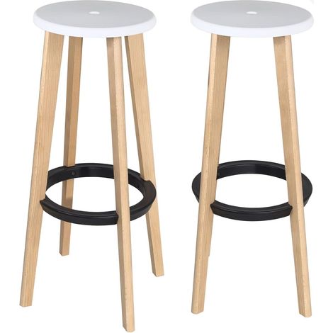 Lot de 2 tabourets de bar de style scandinave sans dossier, assise ronde, hauteur 76 cm, pieds en hêtre naturel Kibi (blanc) (1/4)