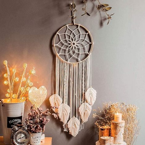 Dream Catcher - Tenture Murale Boho en Coton et Bois - Diamètre 30 cm Longueur Totale 88 cm - Décoration Main Artisanale - 1 Pièce (1/5)