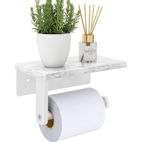 Porte-papier hygiénique avec étagère en marbre naturel, vis en acier inoxydable 304 mural, distributeur de porte-rouleau de papier de soie pour salle de bain et toilettes, blanc (1/4)