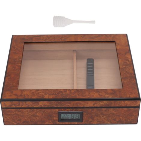 Porte-cigares en cèdre avec couvercle en verre, coffret de rangement brun, hygromètre numérique inclus (1/5)