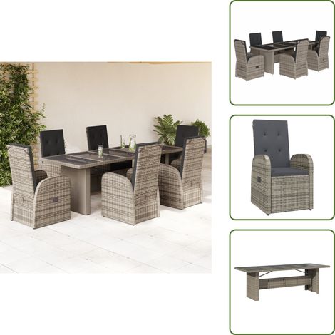 7-tlg. Garten-Essgruppe mit Kissen Grau Poly Rattan - Garten Möbel Set - Garten Essgruppe - Outdoor Esstisch - Terrassenset - Rattan Gartenmöbel