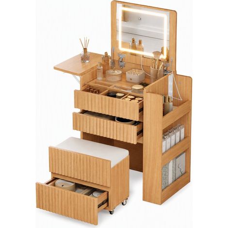 CHICFURN Tocador pequeño con espejo LED abatible, 2 enchufes, USB y Type-C, taburete con ruedas, 3 cajones y mesa lateral plegable para dormitorio (1/5)