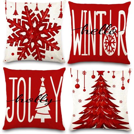 Juego de 4 fundas de cojín navideñas, de 45x45 cm, con diseño de árbol de Navidad rojo y copos de nieve, para decorar tu sofá o sillón durante las fiestas. (1/5)