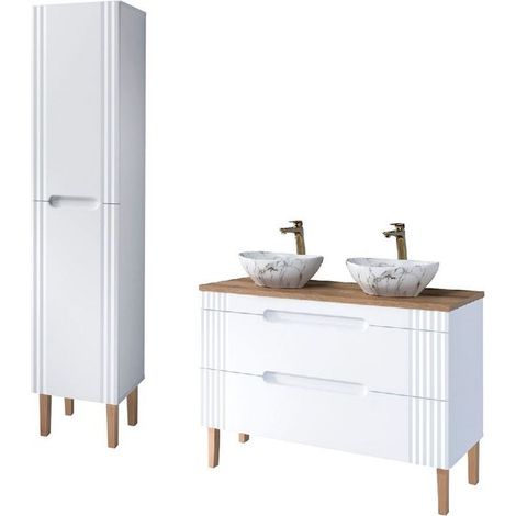 Meuble vasques à poser 120 cm + colonne à poser Oceanie White - Livraison gratuite