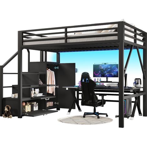 CHICFURN Lit mezzanine 140x200 avec rangements, armoire, LED et escalier, structure métal noir, idéal pour optimiser une chambre, un bureau ou un studio (1/5)