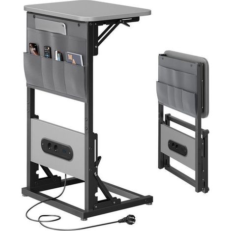 EcoFurnix Table d'Appoint en Forme de C, Bouts de Canapé de Salon Pliable avec Prises et Ports USB,Chambre et Salon, Gris
