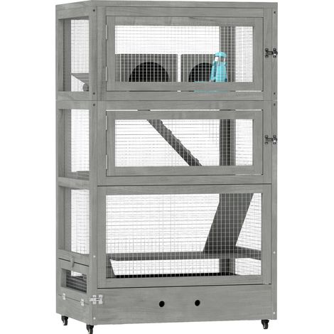 Cage pour petits rongeurs en bois avec 4 étages, rampes, niches et roulettes, 65 x 45 x 109 cm, gris (1/5)