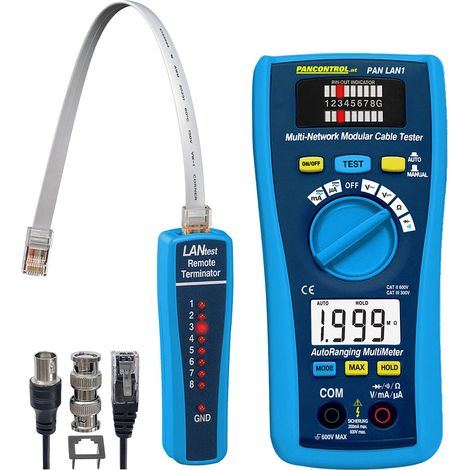 Tester per cavi LAN RJ45, RJ11, BNC + multimetro digitale 300V CAT III con automazione PANCONTROL