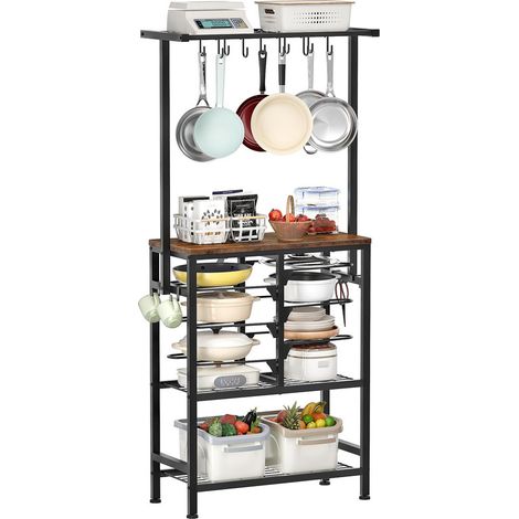 Kitchen Storage Rack, Multi-Tier Baker's Rack, Industrial Coffee Bar Station with Shelves & Hooks, Metal Frame