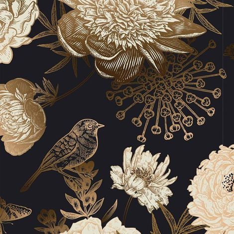 Papier Peint Vintage Fleurs De Pivoine Noir Et Or 44.5X300Cm Papier Adhesif Pour Meuble Noir Rouleau Adhésif Décoratif Cover[BI70] (1/5)