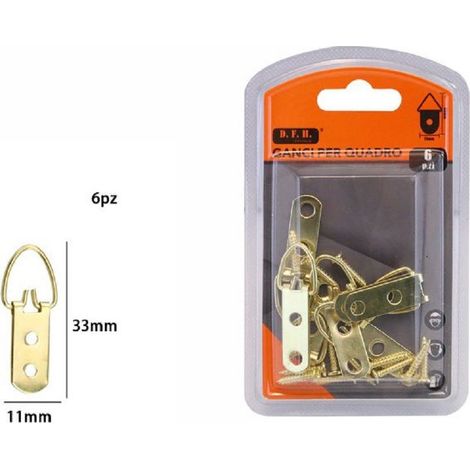 TrAdE Shop Traesio - Set 6 Pz Ganci Gancetti Dorati Per Quadri Cornici Appendere Parete 33x11mm 07999 -