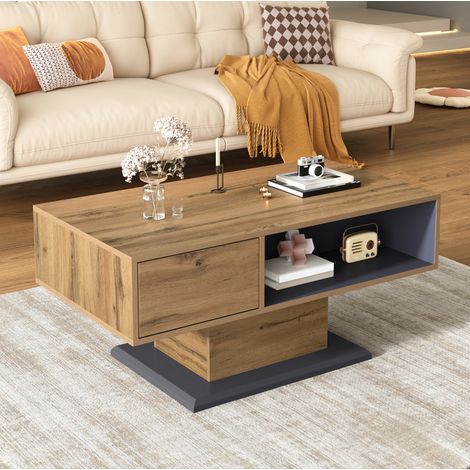 Table basse rectangulaire avec rangement double face et compartiment intérieur, en chêne et gris, pour salon et bureau (1/5)