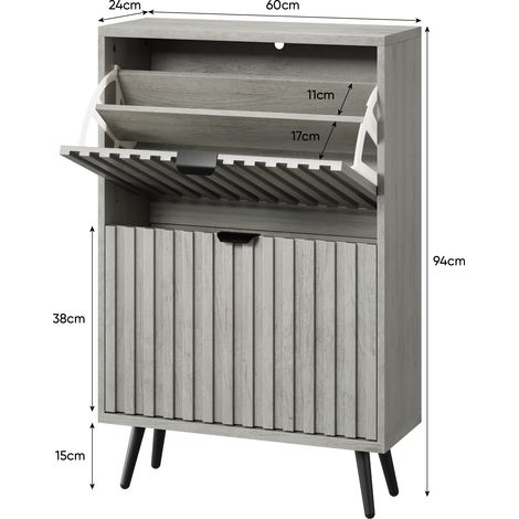 Armoire à chaussures cachée 60 cm motif gris rainuré avec 2 tiroirs pliants,adaptée entrée,couloir,salon et placard. (1/5)