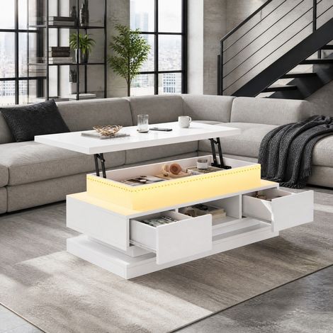 Tavolino da salotto elevabile 100 x 50 x 40 cm, 2 cassetti, LED, bianco HAVRYA (1/5)