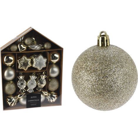 SET 32 ADDOBBI PER ALBERO DI NATALE, COLORE CHAMPAGNE, NATALE, DECORAZIONI DI NATALE