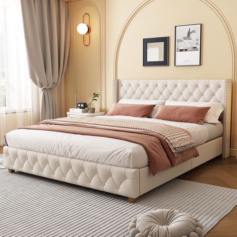 Cama tapizada de lino beige 160x200 cm con somier de láminas y cabecero acolchado (1/5)