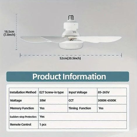 ventilateur à douille, ventilateur de plafond à vis avec lumières et télécommande, ampoule E26/E27 facile à installer, base de r (1/4)
