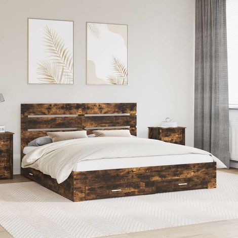 Bed Frame with Drawer Smoked Oak 200 x 200 cm Engineered Wood vidaXL (1/5)