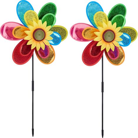 Relaxdays Flower Windmill, in a Set of 2, Decorative Garden Pinwheel, Wind Spinner for Adults & Children, Multicoloured
