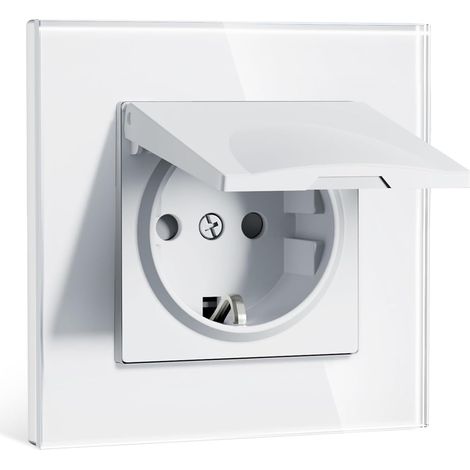 Steckdose mit Wasserdichter Abdeckung, Unterputz 86  86mm, 16A EU-Steckdose mit Glasrahmen, Spritzwassergeschützt für Bad/Küche, Einfache Installation (Klappkrallen), 1-Fach Weiß (1/5)