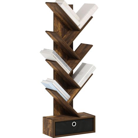 Étagère À Livres, 7 Niveaux, avec Tiroir De Rangement, 21,3 X 42,9 X 117,4 Cm, Idéale pour Le Salon, La Chambre Ou Le Bureau, en Pin Ambré Et Noir. (1/5)