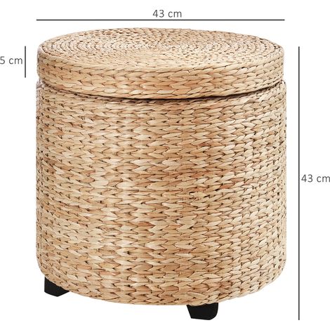 Pouf rangement kaki Ø43cm avec coffre intégré, couvercle amovible, rotin paille, repose-pieds multifonction, stockage malin, 43x43x43cm, style bohème. (1/4)