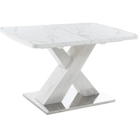 Table à manger rectangulaire extensible 120-160 cm avec plateau effet marbre blanc et pieds en MDF avec base métallique (1/5)