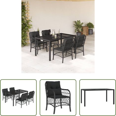 Gartenessgruppe - 5-tlg. Garten-Essgruppe mit Kissen Schwarz Poly Rattan (1/5)