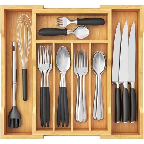 Bestekorganisator - Bois Naturel - 7 Compartiments - Dimensions 34 x 28 x 5 cm - Pour Tiroirs de Cuisine et Armoires
