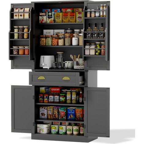 Hochschrank Küche, Stauraumschrank mit Schublade und 4 Türen, 2 Türen mit 6 Einlegeböden, 4 verstellbare Regalböden, robustes MDF, 80×40×180 cm, Schwarz