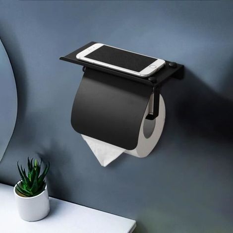Toilet Paper Holder Toilet Roll Wall Mounted Black Stainless Steel with Phone Holder Waterproof Panel (1/4)