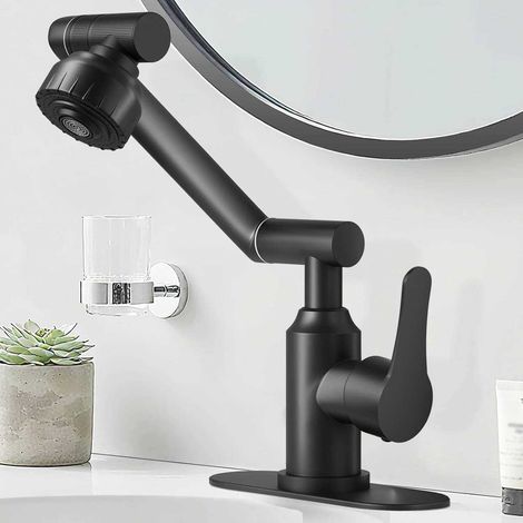 Schwarzer Badezimmer-Wasserhahn, um 1080° drehbarer Edelstahl-Waschtisch-Wasserhahn, Einhebel-Badezimmer-Wasserhahn mit Warm- und Kaltwasserschläuchen, 2 Wasserauslassmodi, anthrazitgrau.