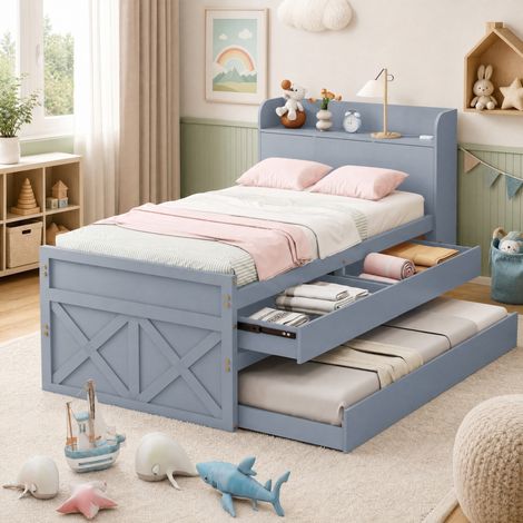 MODFU – Lit enfant 90x190 cm – Lit gigogne, 2 tiroirs – USB – Rangement – Sommier à lattes – Bois – Gris (1/5)