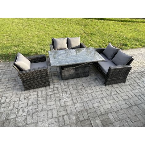 Fimous 4pcs Rattan Outdoor Garden Furniture Sofa Set Height Adjustable Rising Lifting Table Dark Grey Mixed (1/5)