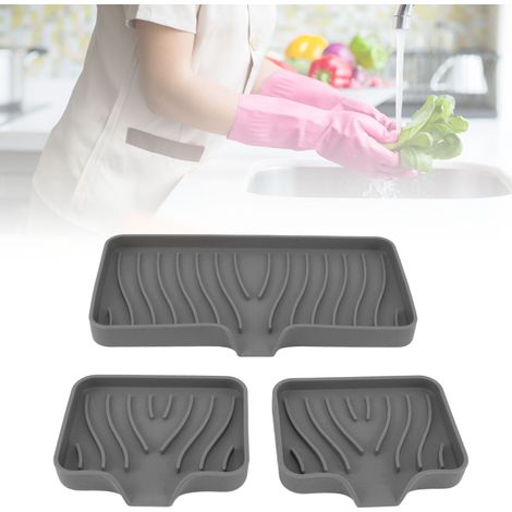 Tapis d'égouttage en silicone pour comptoir, bac d'égouttage en silicone pour évier de cuisine, porte-savon anti-accumulation d'eau, gris. (1/5)