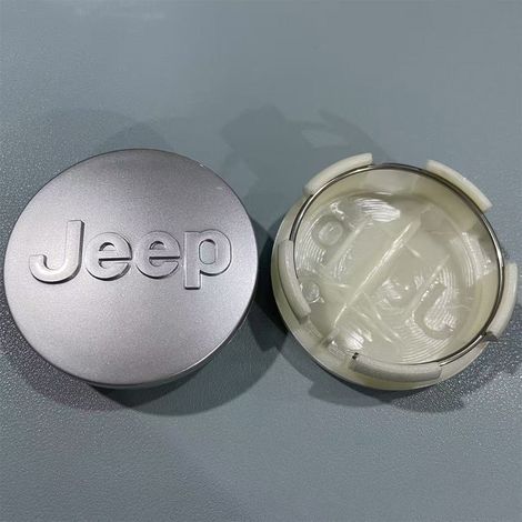 Cache-moyeu 64mm compatible Jeep Compass Cherokee Patriot – Capuchon centre de jante voiture, cache centre roue pour jantes auto, accessoire roue automobile en caoutchouc, lot de 4 pièces – Argent Mat (1/2)