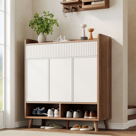 Meuble à Chaussures avec 3 Portes et 2 Tiroirs - Armoire d'Entrée Pieds en Bois - 90x35x100 cm - Blanc et Chêne (1/5)
