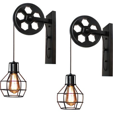 2 Pack Applique Industrielle Poulie Rétro Suspendue Lampe de Mur en Fer Eclairage Murale E27 (1/5)