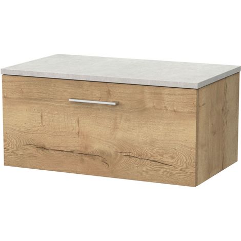 Pershall Contemporary Wall Hung 1 Drawer Vanity Unit with White Sparkle Laminate Worktop, 800mm, Autumn Oak