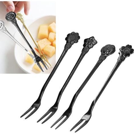 Ensemble de couverts en acier inoxydable 4 pièces, fourchette à dessert élégante et créative, fourchette à fruits à deux dents, fourchette à gâteau de lune, pistolet à brochettes de fruits, noir. (1/5)
